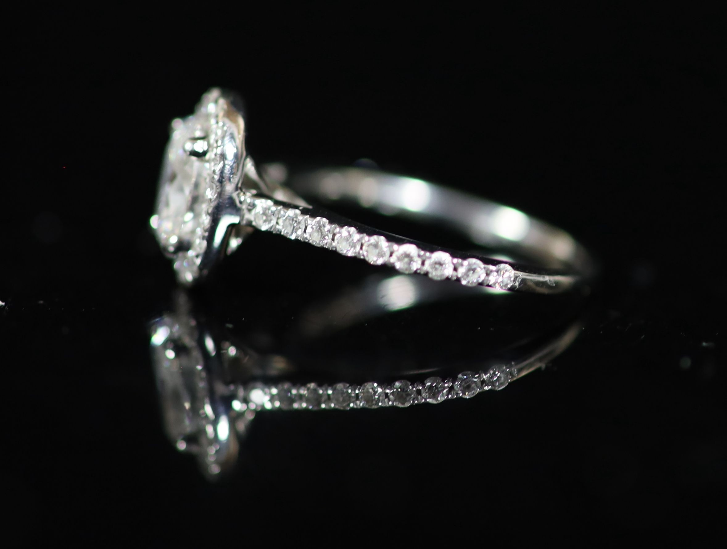 A Rox platinum and oval cut single stone diamond ring, with diamond set border and diamond set shoulders